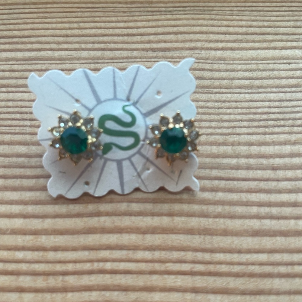 Vintage Roman earrings gold with green and clear sparkle
